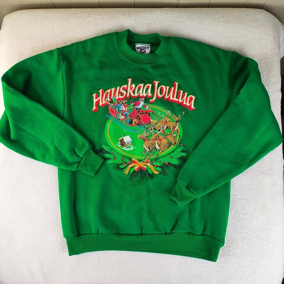 Vintage 90s Lee Christmas Sweatshirt Hauskaa Joulua Finnish Santa Sweater - Picture 1 of 4